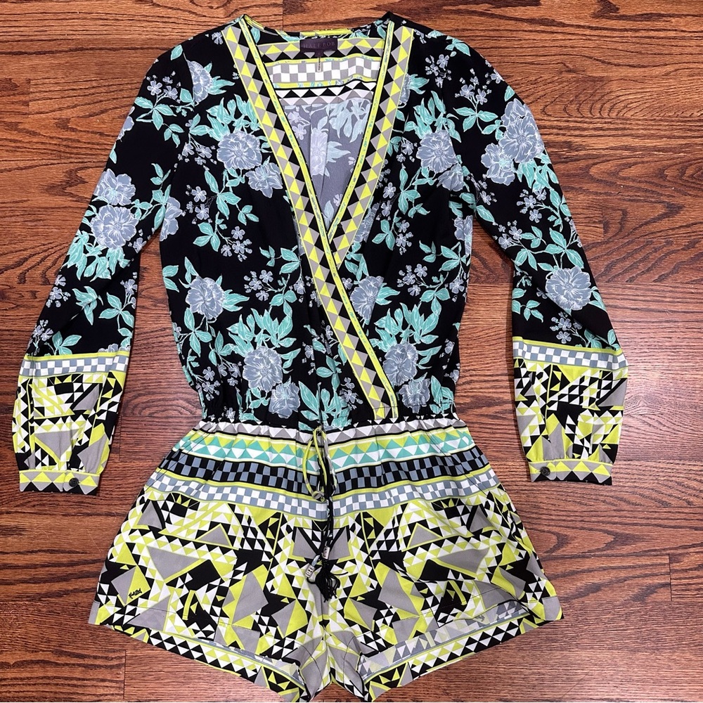 Hale Bob Floral V-Neck Geometric Long Sleeve Black Green Romper Jumpsuit Size S
